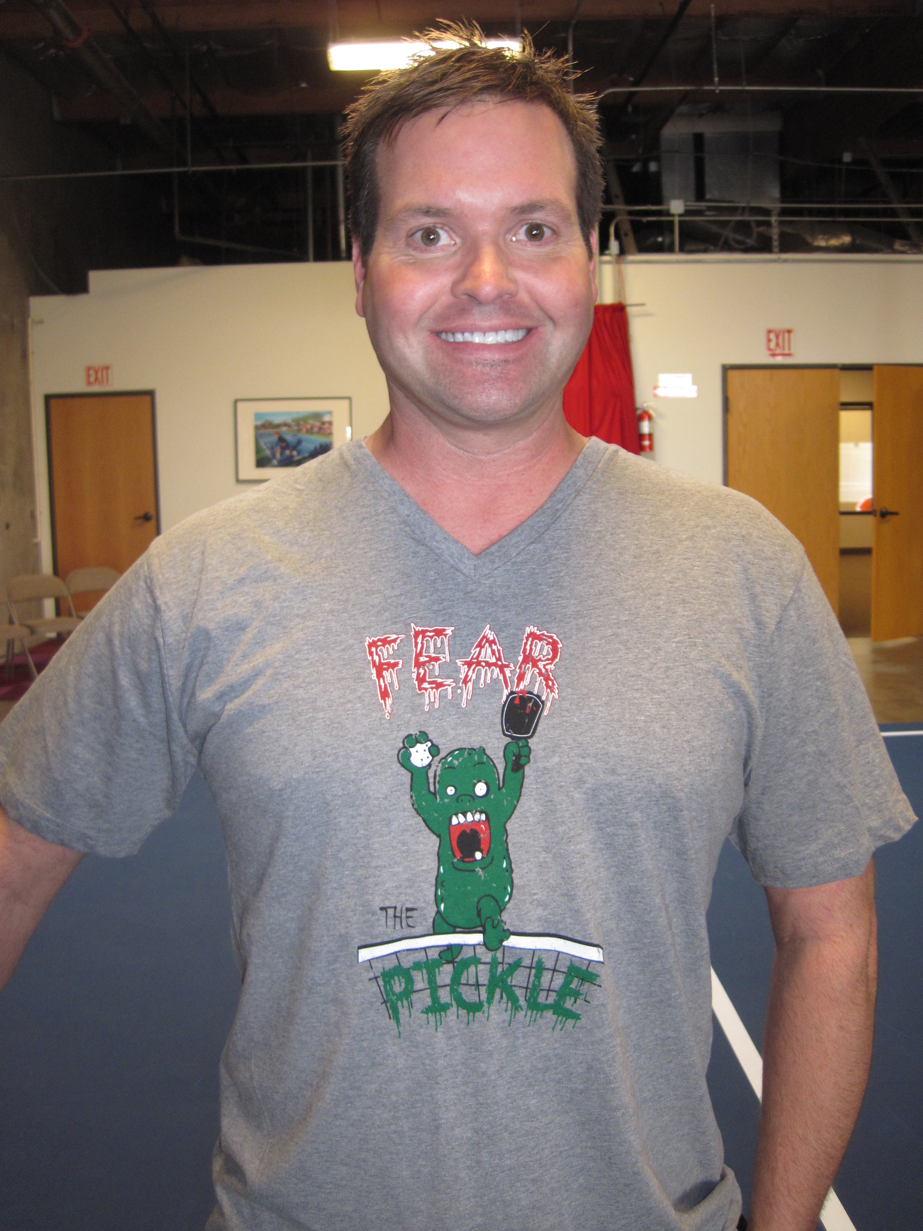 Stephen wearing the new Fear the Pickle shirt