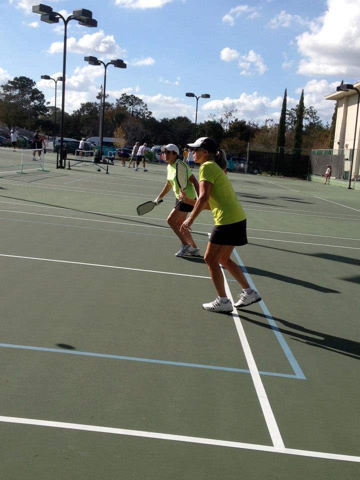 Gold Medalists, Diane Bock and Brenda Littlefield on the Pickleball court