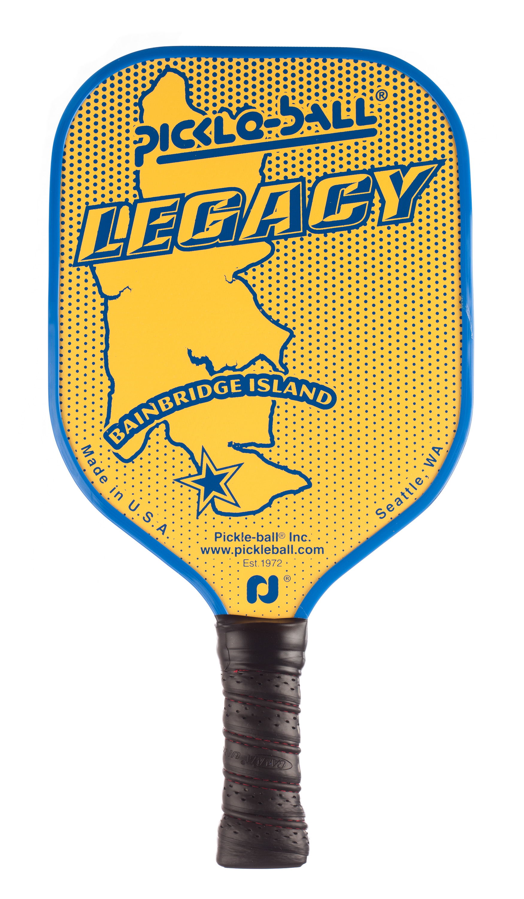 Legacy composite pickleball paddle with blue accent and edge guard