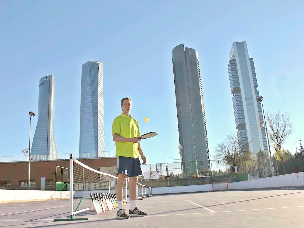 Mike setting up pickleball courts in Madrid, Spain